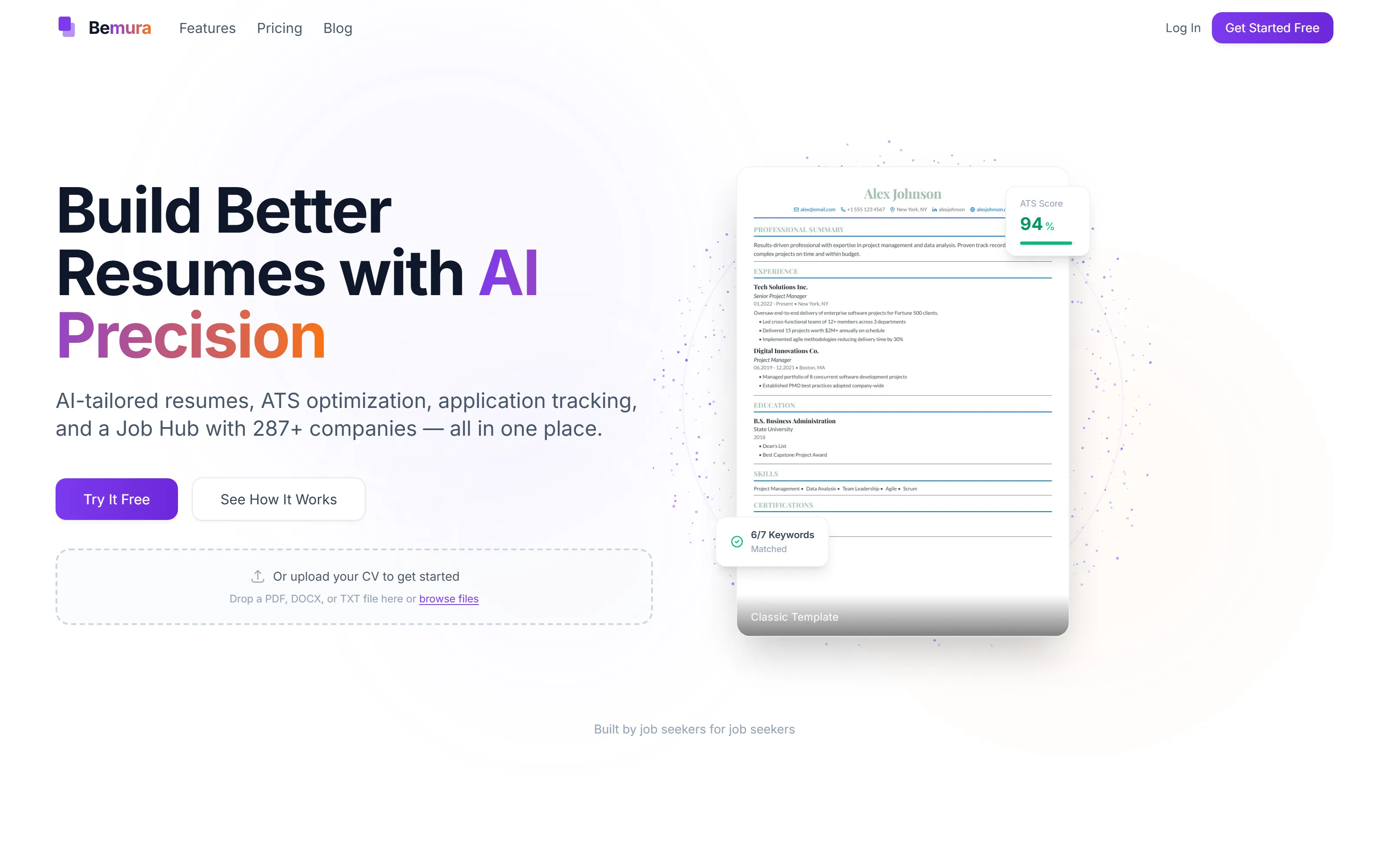 Bemura landing page: Build better resumes with AI precision.